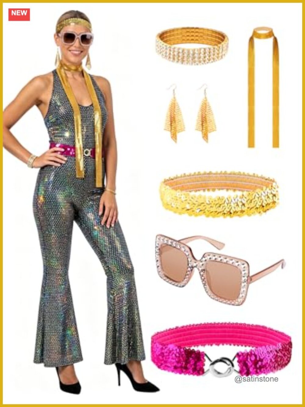 70s Disco Jumpsuit Costume Set Sequined Backless Flared Leg Halloween